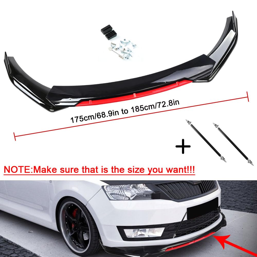 Evargc Universal Car Front Bumper Lip Spoiler Body Kits + 29" Car Side Skirt Extension Rocker Panel Body Kit + Car Auto Rear Bumper Lip Diffuser (69''-73'' Black&Red)